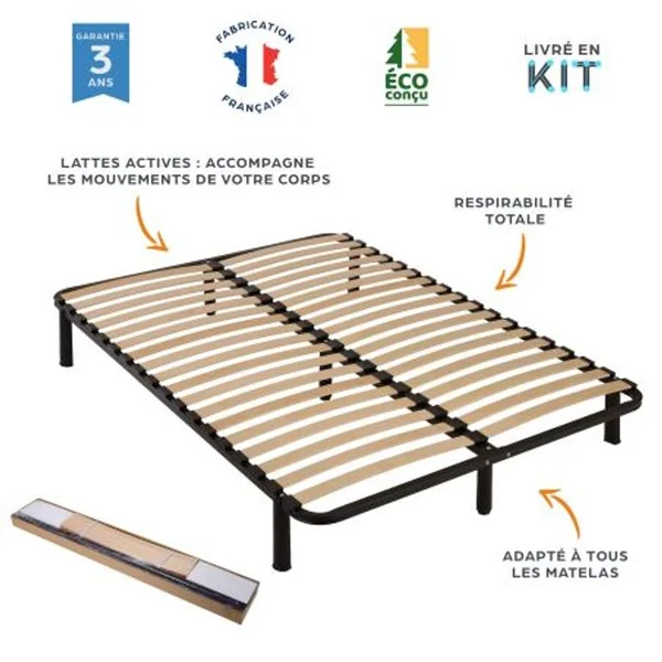 EBAC Sommier à Lattes Démontable + Pieds 140x190 - 36 Lattes Bois - Fabrication Française
