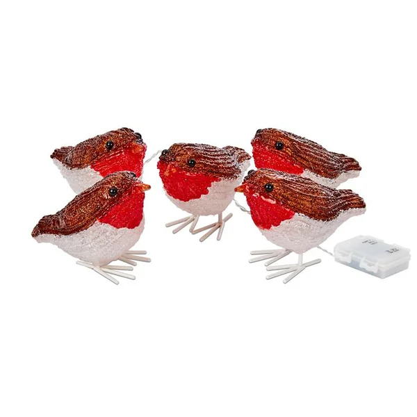 Ensemble de 5 rouge-gorge lumineux acryliques à 40 LED blanc froid pour intérieur ou extérieur - 10 cm