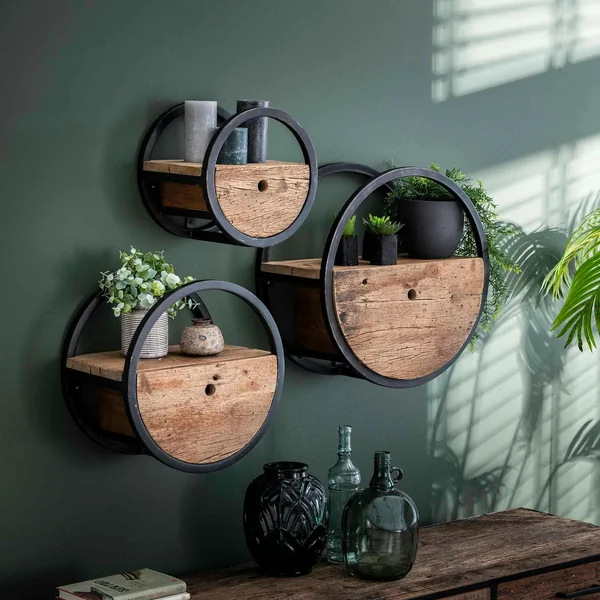 Etagère murale ronde bois recyclé brut 1 tiroir D50 cm CYCLADES