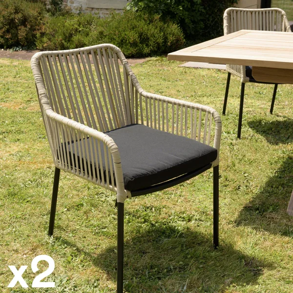 Fauteuil de jardin cordage couleur naturelle 1 coussin noir (lot de 2) GIJON