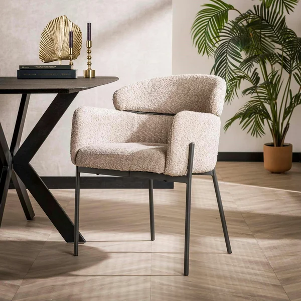 Fauteuil de table beige sable en bouclette dossier haut (lot de 2) GALWAY