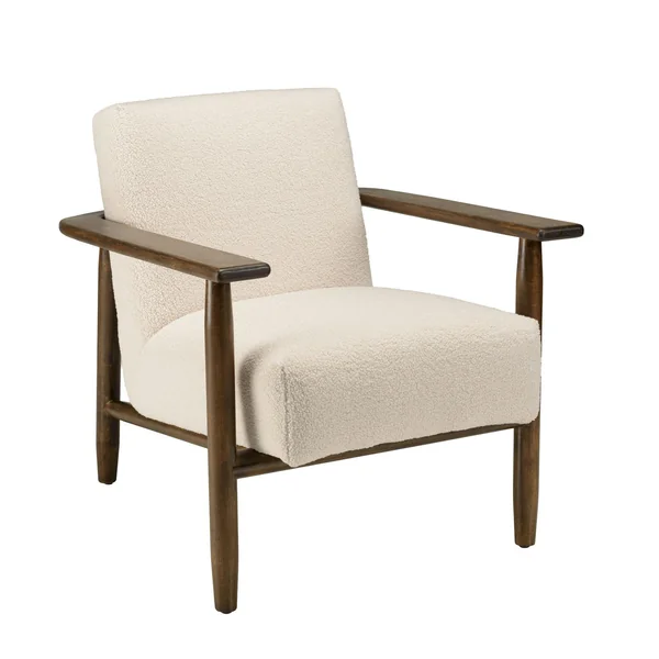 Fauteuil tissu bouclette écru accoudoirs bois TIM