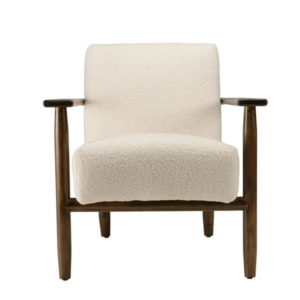 Fauteuil tissu bouclette écru accoudoirs bois TIM