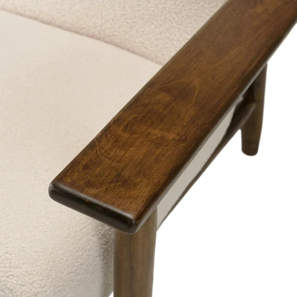 Fauteuil tissu bouclette écru accoudoirs bois TIM