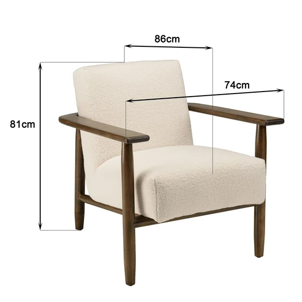 Fauteuil tissu bouclette écru accoudoirs bois TIM