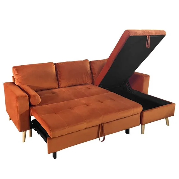 HAPPY GARDEN Canapé D'angle Convertible James 3 Places En Velours Terracotta