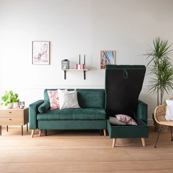 HAPPY GARDEN Canapé D'angle Convertible James 3 Places En Velours Vert