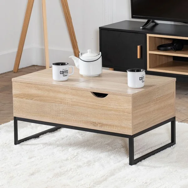 HAPPY GARDEN Table Basse Avec Plateaux Relevables Noire Et Bois Lotta