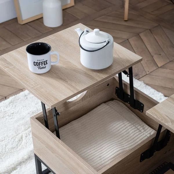 HAPPY GARDEN Table Basse Avec Plateaux Relevables Noire Et Bois Lotta