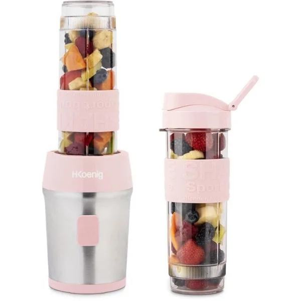 HKOENIG Mini Blender - Smoo12 - 300 W - 570 Ml - Rose Pastel - 2 Gourdes Incluses