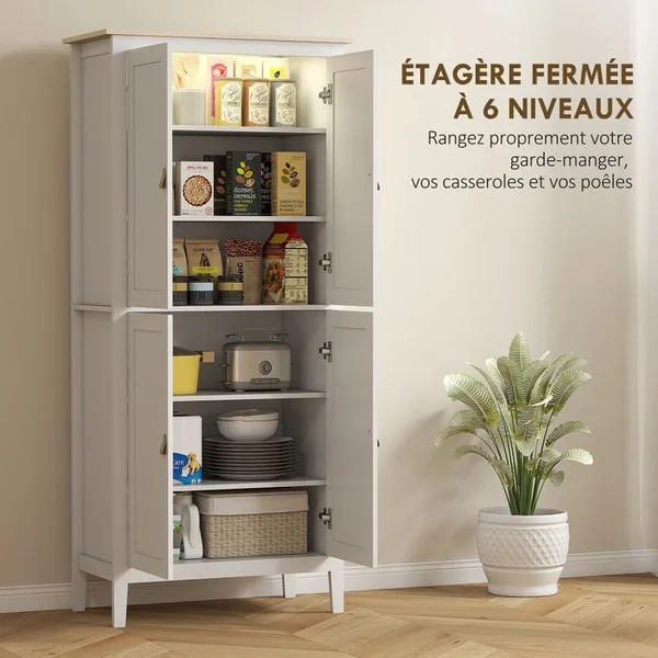HOMCOM Armoire De Cuisine LED Sur Pied Style Classique Chic 4 Portes 6 Niveaux