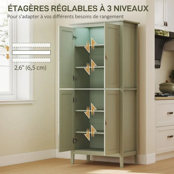 HOMCOM Armoire De Cuisine LED Sur Pied Style Classique Chic 4 Portes 6 Niveaux