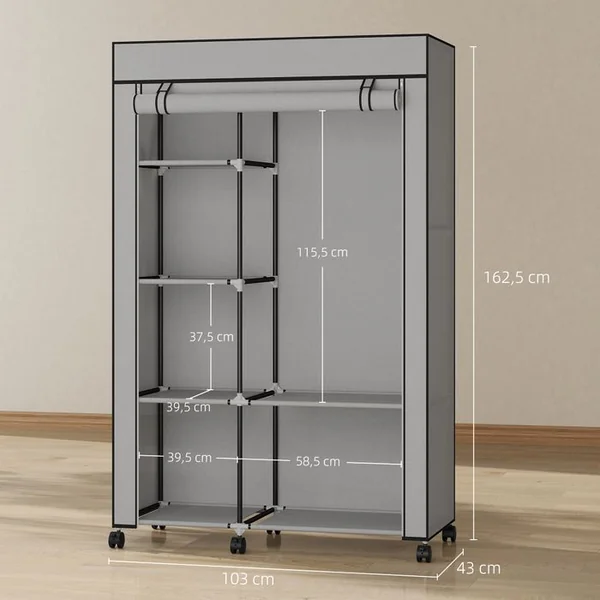 HOMCOM Armoire Penderie Mobile Tissu - 5 étagères, Penderie - Noir Gris