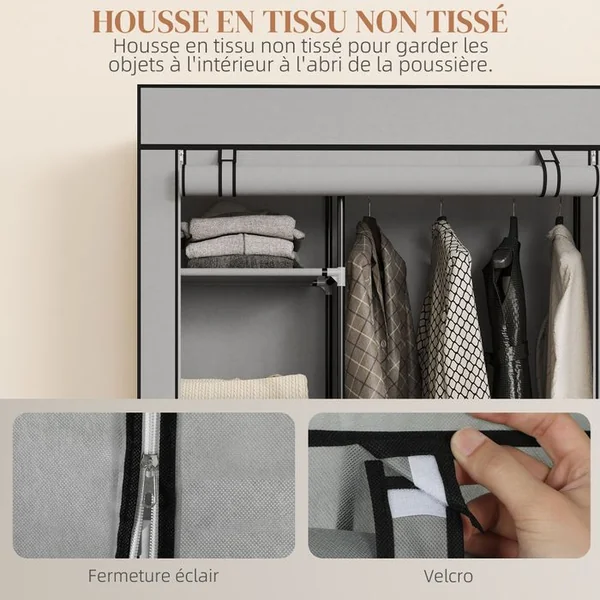 HOMCOM Armoire Penderie Mobile Tissu - 5 étagères, Penderie - Noir Gris