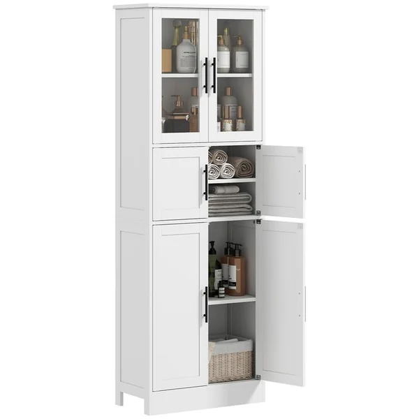 HOMCOM Armoire Salle De Bain 4 Portes + 2 Vitrées 3 étagères Blanc