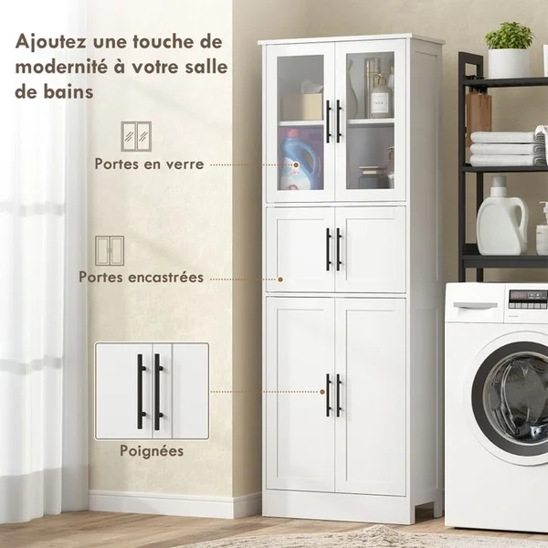HOMCOM Armoire Salle De Bain 4 Portes + 2 Vitrées 3 étagères Blanc