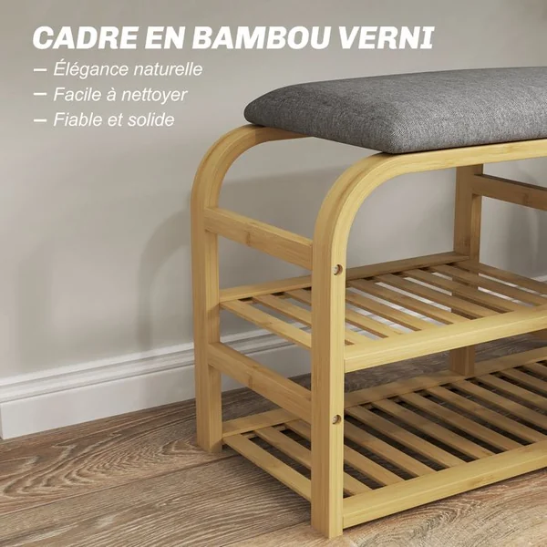 HOMCOM Banc à Chaussures En Bambou - 2 étagères, Panier - Coussin Gris
