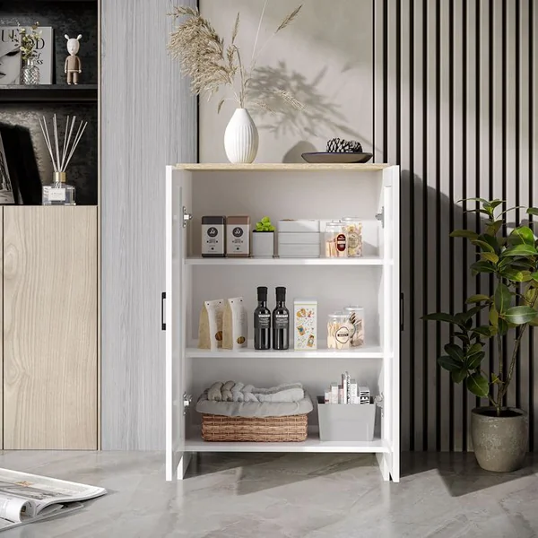 HOMCOM Buffet 2 Portes 2 étagères Bahut Blanc Effet Bois Clair