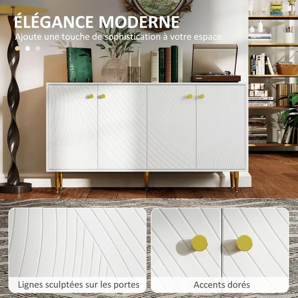 HOMCOM Buffet Design Graphique 4 Portes 2 étagères Doré Blanc