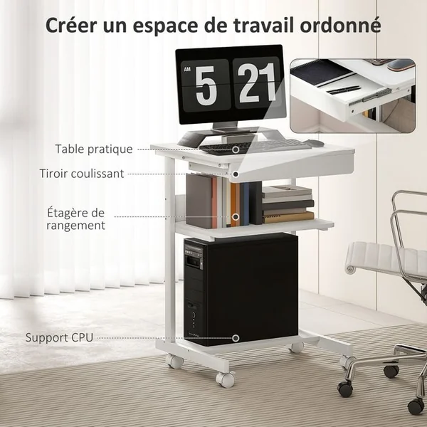 HOMCOM Bureau Informatique Roulant - Tiroir Coulissant 2 étagères