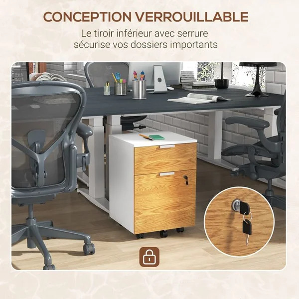 HOMCOM Caisson De Bureau Tiroir Coulissant Et Dossiers Suspendus Blanc Effet Chêne Moyen