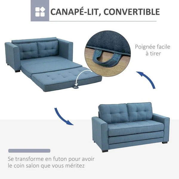 HOMCOM Canapé Convertible 2 Places Design Contemporain Tissu Bleu