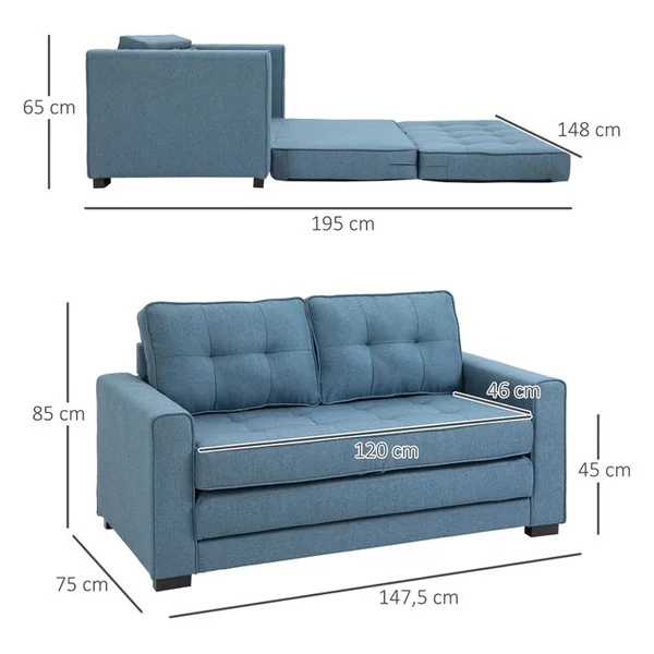 HOMCOM Canapé Convertible 2 Places Design Contemporain Tissu Bleu