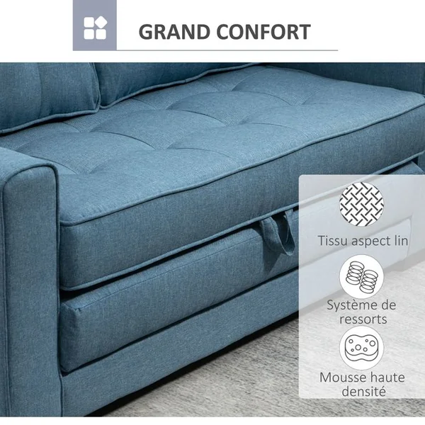 HOMCOM Canapé Convertible 2 Places Design Contemporain Tissu Bleu