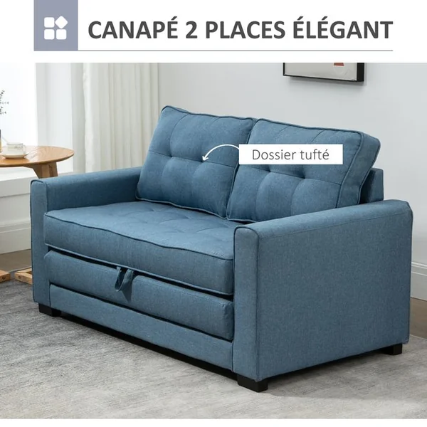 HOMCOM Canapé Convertible 2 Places Design Contemporain Tissu Bleu
