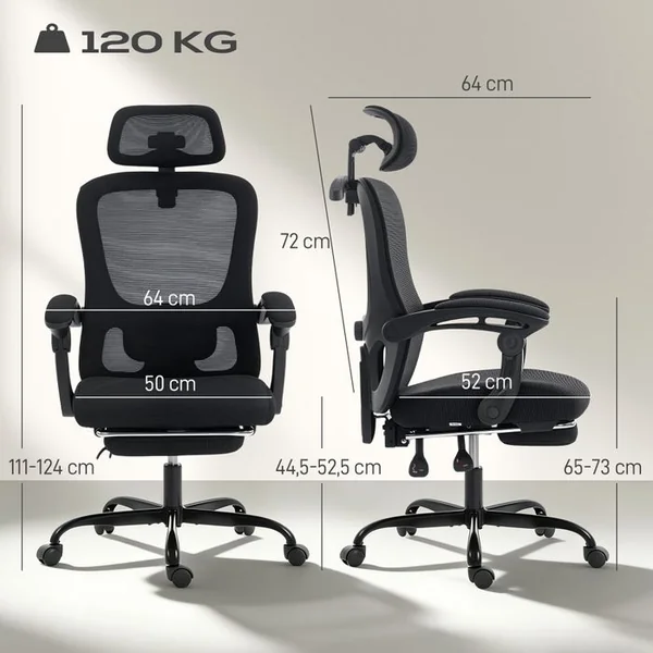 HOMCOM Chaise De Bureau Manager Ergonomique Réglages Multiples Noir