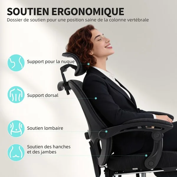 HOMCOM Chaise De Bureau Manager Ergonomique Réglages Multiples Noir