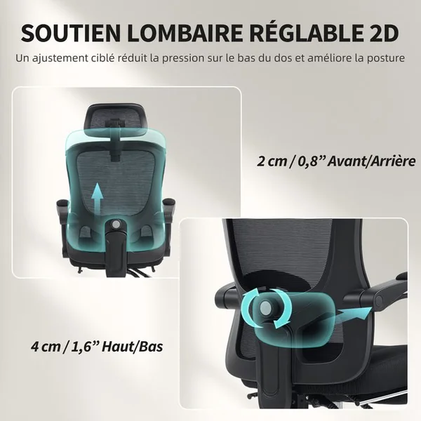 HOMCOM Chaise De Bureau Manager Ergonomique Réglages Multiples Noir