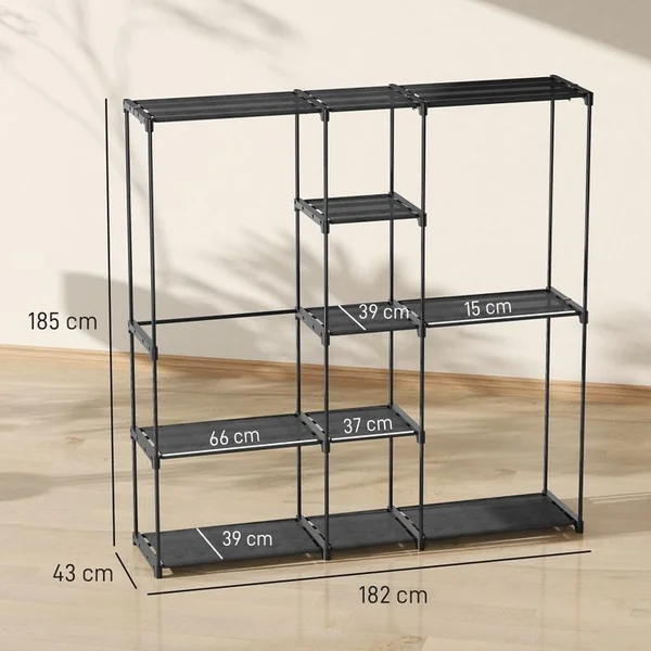 HOMCOM Dressing Armoire-penderie 8 étagères 3 Tringles Métal Non Tissé Noir