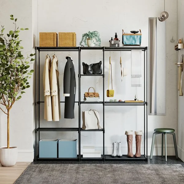 HOMCOM Dressing Armoire-penderie 8 étagères 3 Tringles Métal Non Tissé Noir
