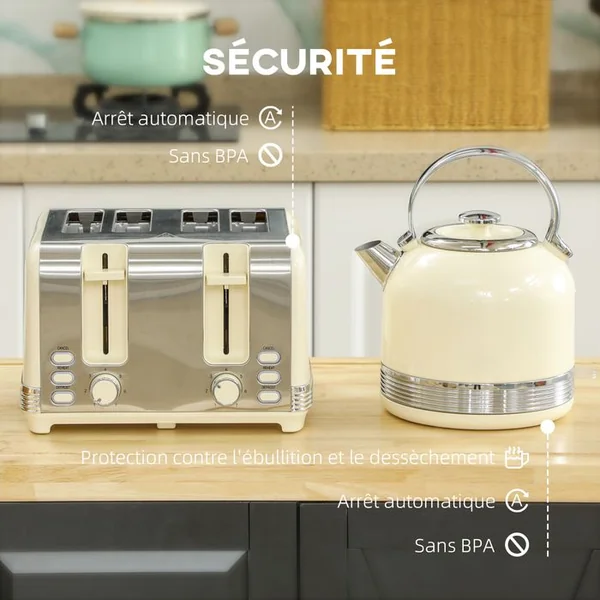 HOMCOM Ensemble Bouilloire Et Grille-pain Vintage Crème