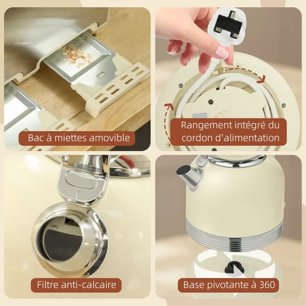 HOMCOM Ensemble Bouilloire Et Grille-pain Vintage Crème