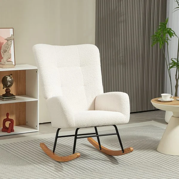 HOMCOM Fauteuil à Bascule Style Nordique Bois Hévéa Effet Laine Bouclée