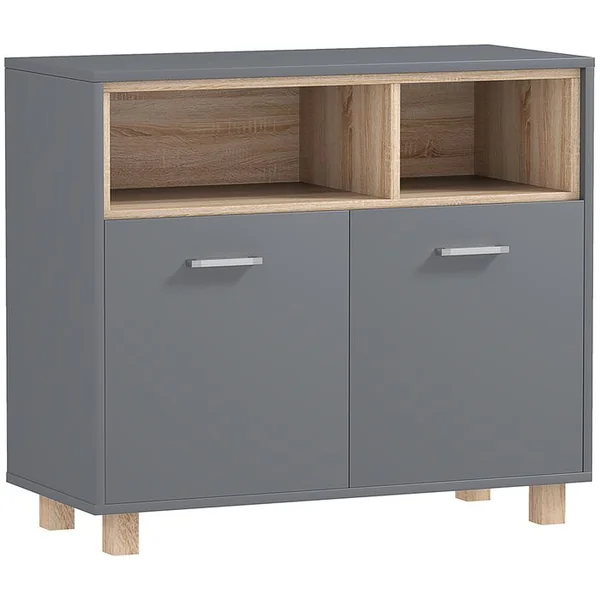 HOMCOM Meuble Salle De Bain Design - 2 Portes, 2 Niches - Gris Effet Bois