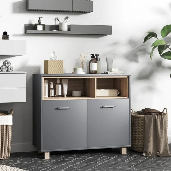 HOMCOM Meuble Salle De Bain Design - 2 Portes, 2 Niches - Gris Effet Bois