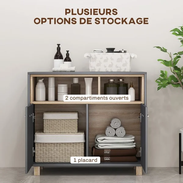 HOMCOM Meuble Salle De Bain Design - 2 Portes, 2 Niches - Gris Effet Bois