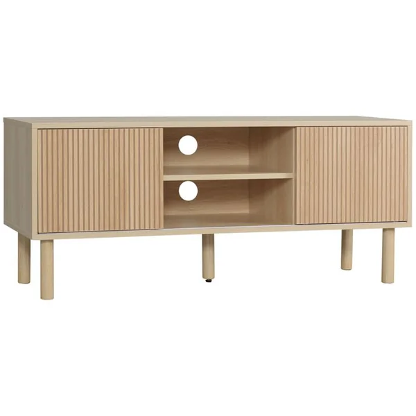 HOMCOM Meuble TV Design Urban Craft 2 Portes 2 Niches Aspect Bois Clair