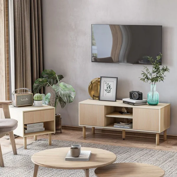 HOMCOM Meuble TV Design Urban Craft 2 Portes 2 Niches Aspect Bois Clair