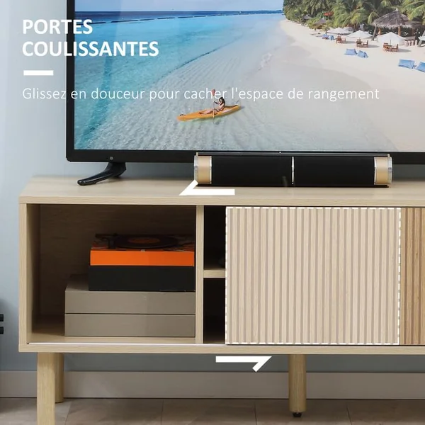 HOMCOM Meuble TV Design Urban Craft 2 Portes 2 Niches Aspect Bois Clair