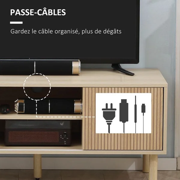 HOMCOM Meuble TV Design Urban Craft 2 Portes 2 Niches Aspect Bois Clair