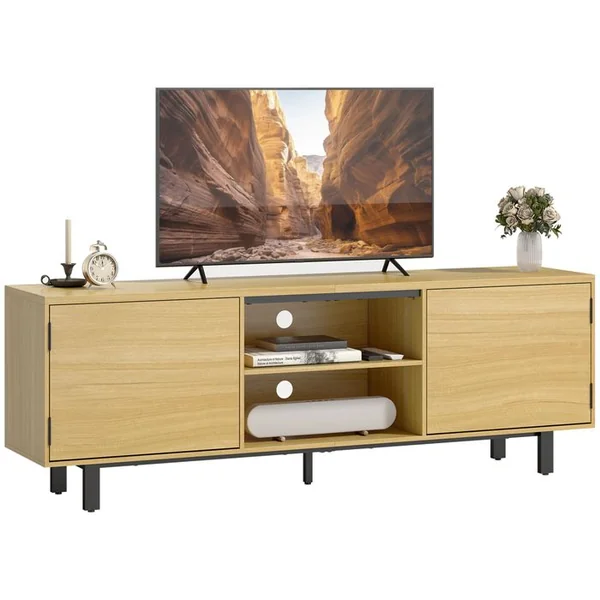 HOMCOM Meuble TV Style Natural Chic 2 Portes 2 Niches Effet Bois Métal Noir