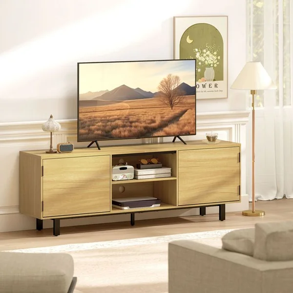 HOMCOM Meuble TV Style Natural Chic 2 Portes 2 Niches Effet Bois Métal Noir
