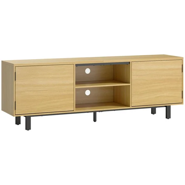 HOMCOM Meuble TV Style Natural Chic 2 Portes 2 Niches Effet Bois Métal Noir