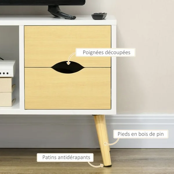 HOMCOM Meuble TV Style Scandinave 4 Tiroirs Niche Bois Pin Blanc Aspect Bois Clair