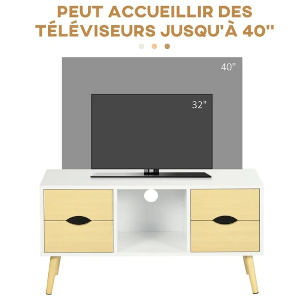 HOMCOM Meuble TV Style Scandinave 4 Tiroirs Niche Bois Pin Blanc Aspect Bois Clair