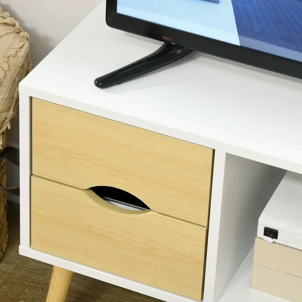 HOMCOM Meuble TV Style Scandinave 4 Tiroirs Niche Bois Pin Blanc Aspect Bois Clair